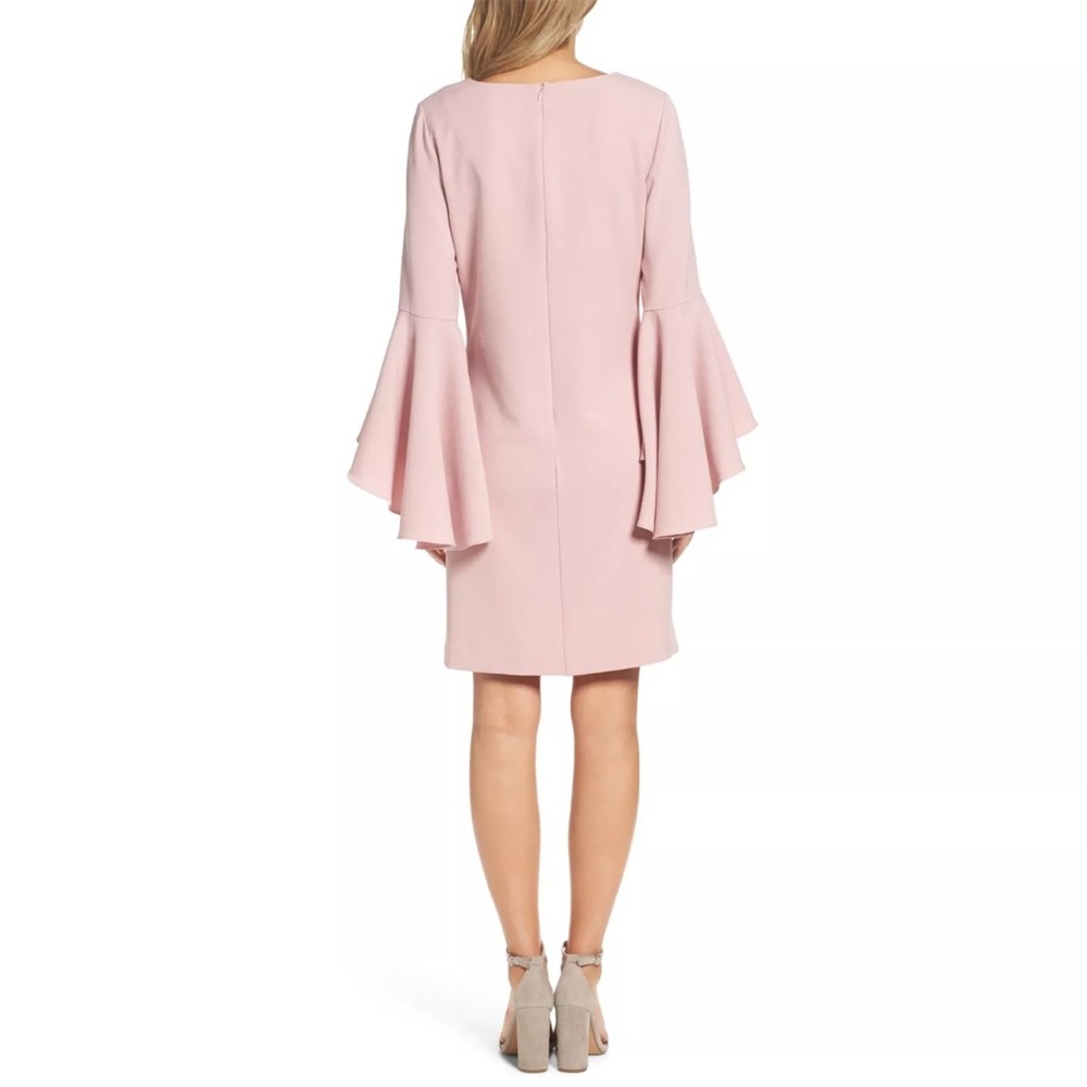 Eliza J Bell Sleeve Crepe Shift Dress Sz 14 Blush Pink Midi Length V Neck - Picture 6 of 14
